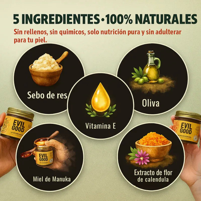 Ingredientes: cebo de res, miel de manuka, caléndula, aceite de oliva, vitamina E